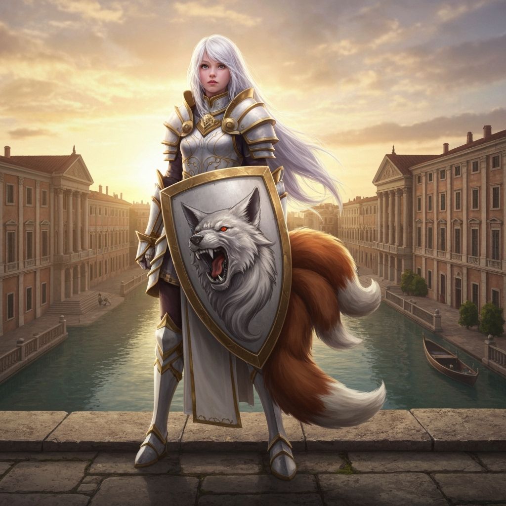 Warrior Girl with Wolf Shield at Renaissance Palace Sunrise