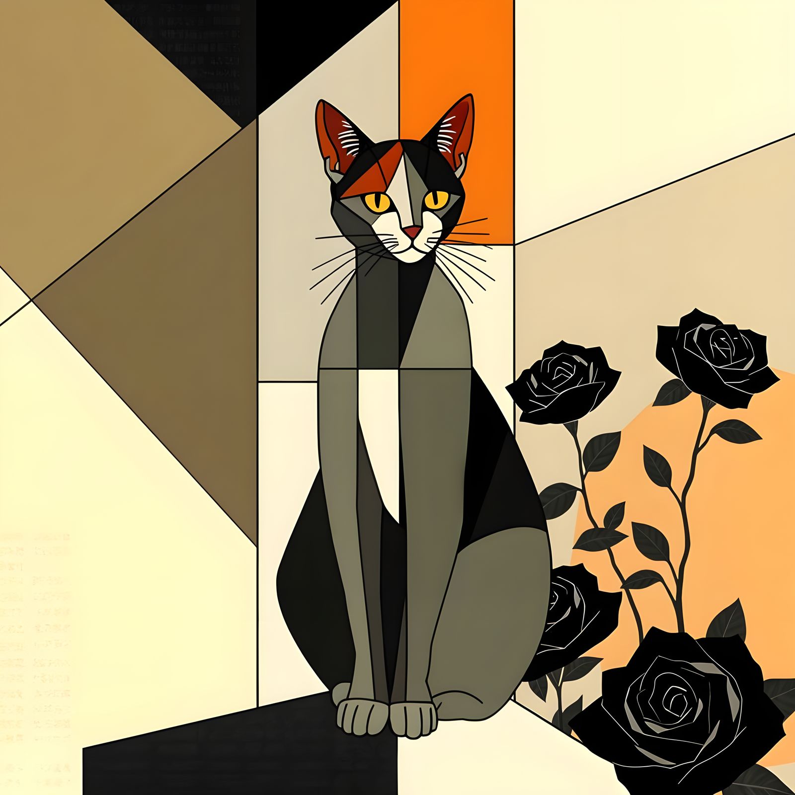 Geometric Cat in Garden with ASCII Art Overlay