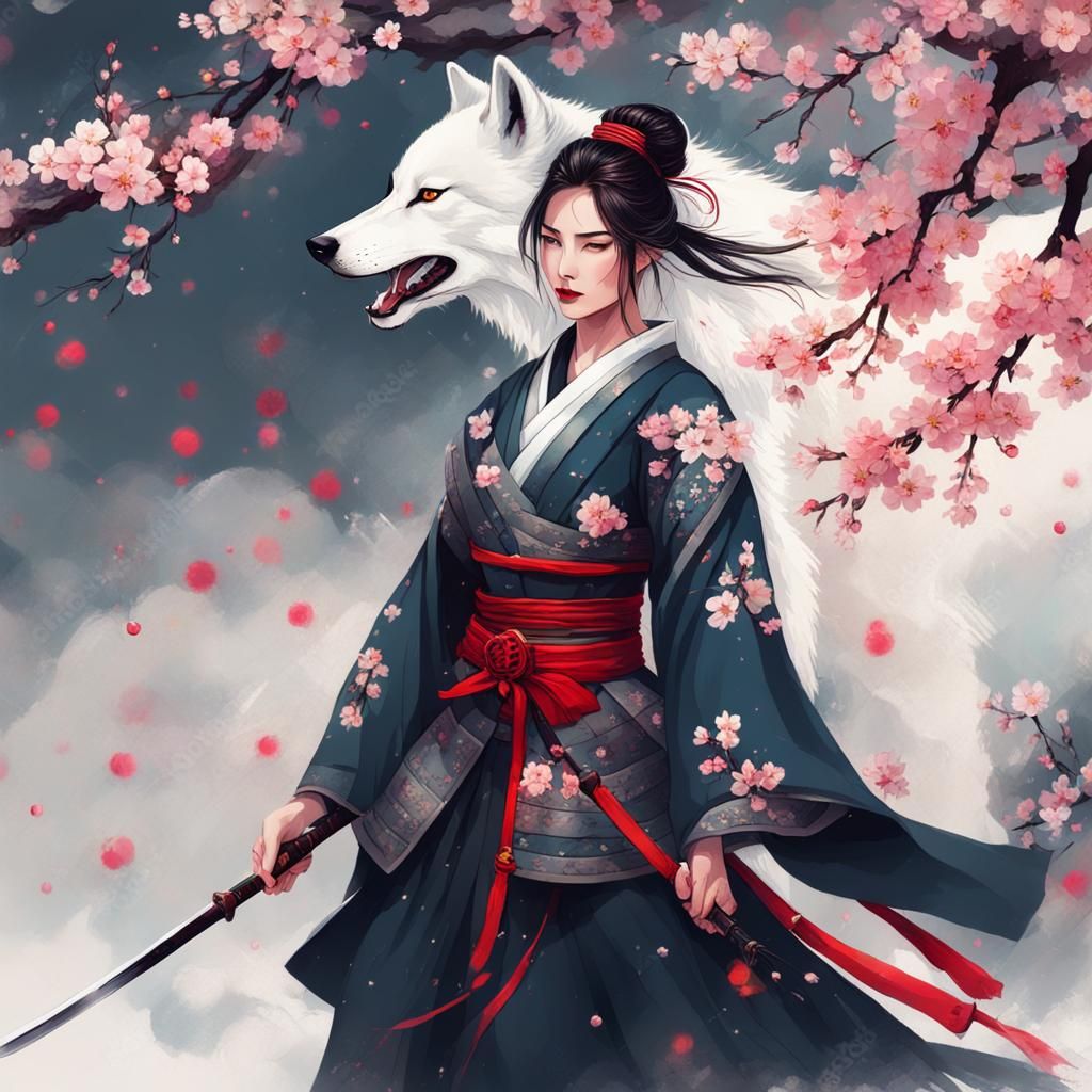 Wolf Samurai with Cherry Blossoms in Splash Art