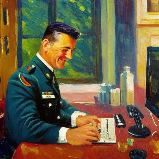 Soldier Smiles at Family in Expressionist Oil Painting
