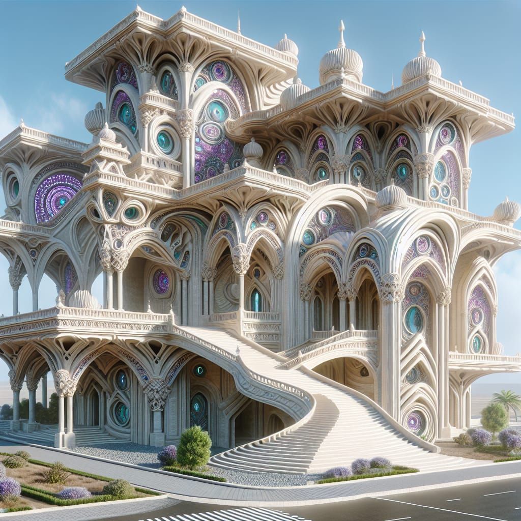 Whimsical Limestone Edifice with Fractal Zentangle Patterns