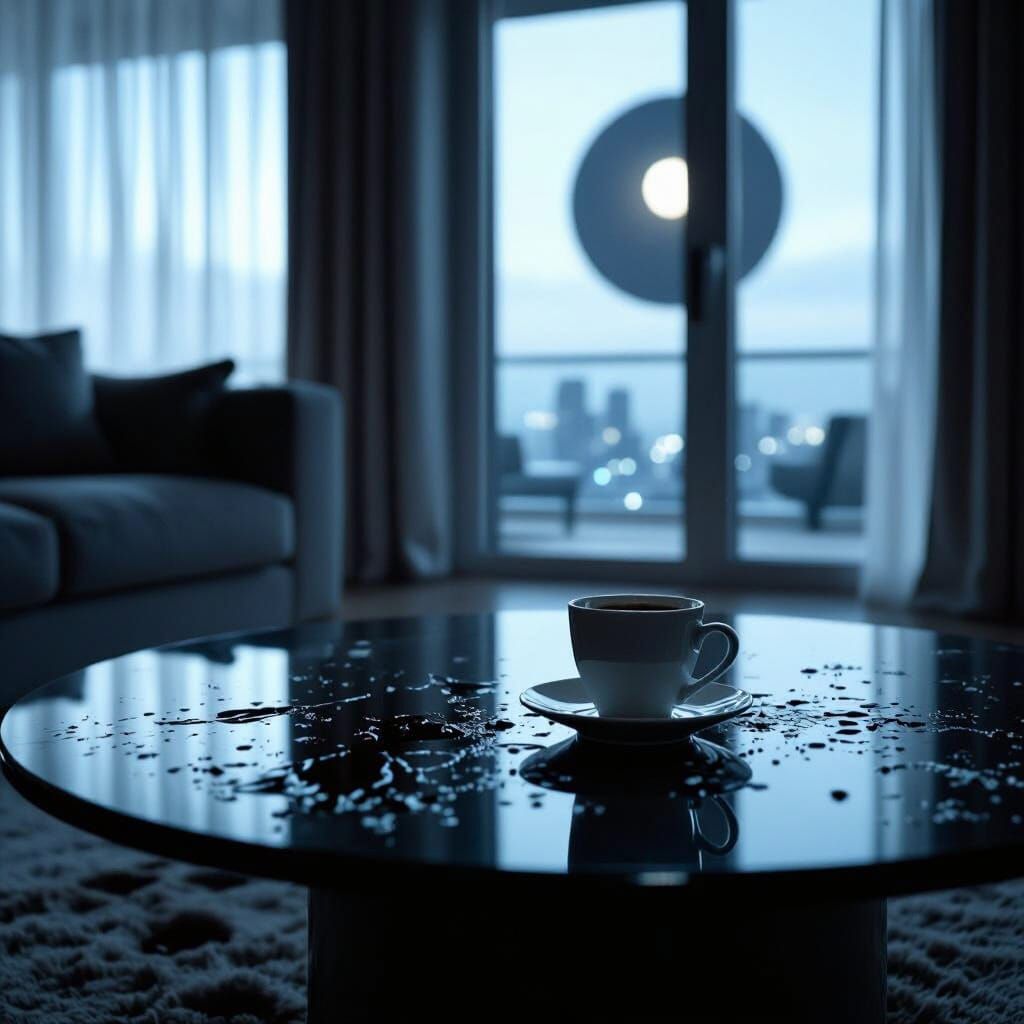 Luxury Apartment Interior at Night: Spilled Coffee and Myste...