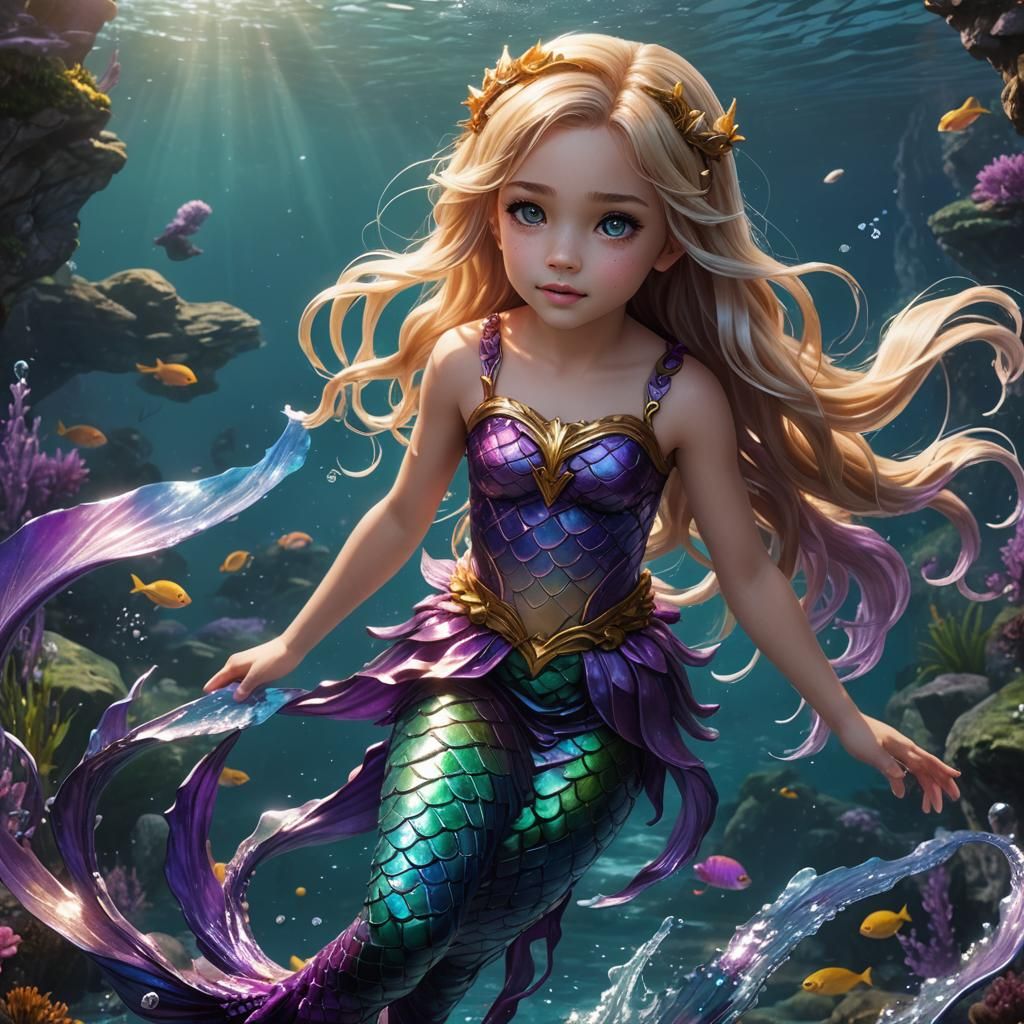 Blonde Mermaid with Purple Tail in Anime Style