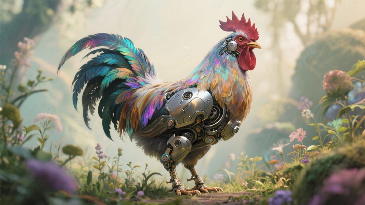 Cybernetic Chicken with Iridescent Feathers in Airbrush Styl...
