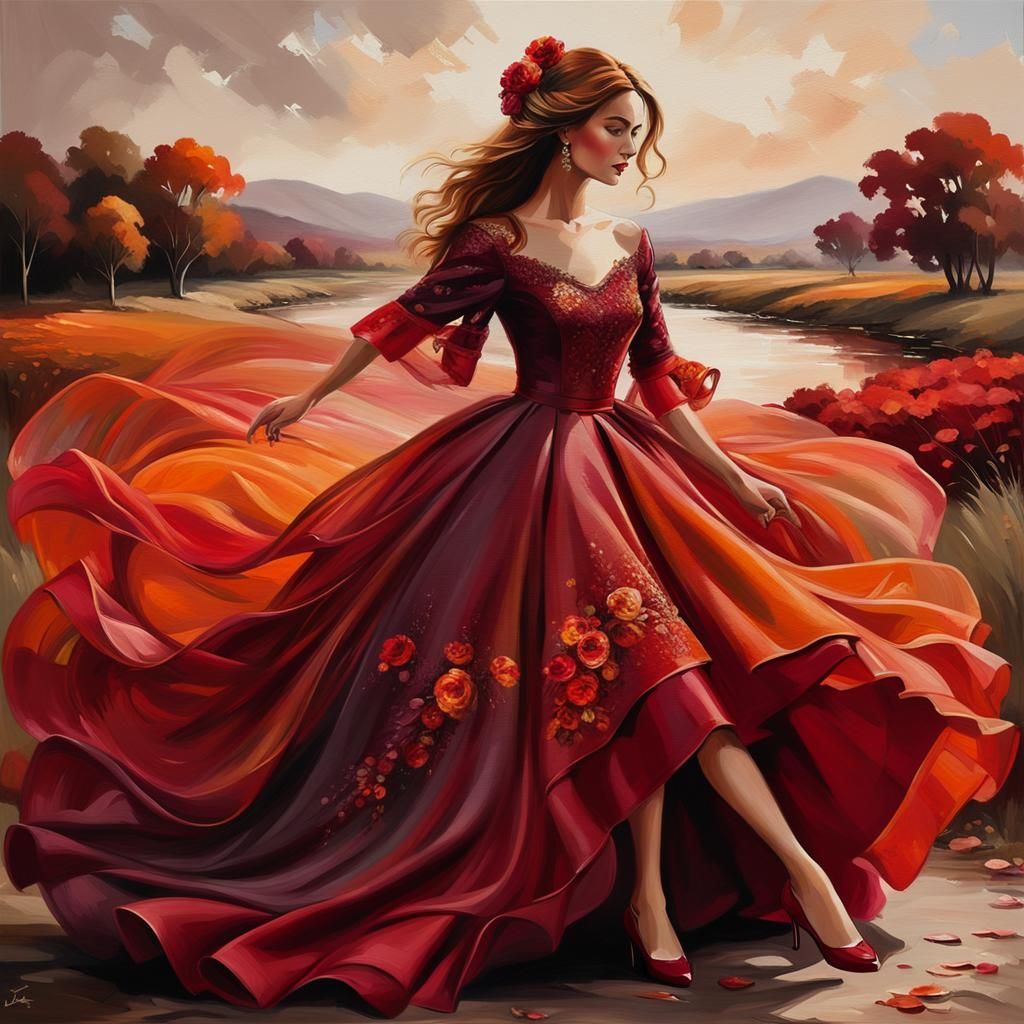 Shades Of Red Wide Evening Gowns Cartoon. Redone.