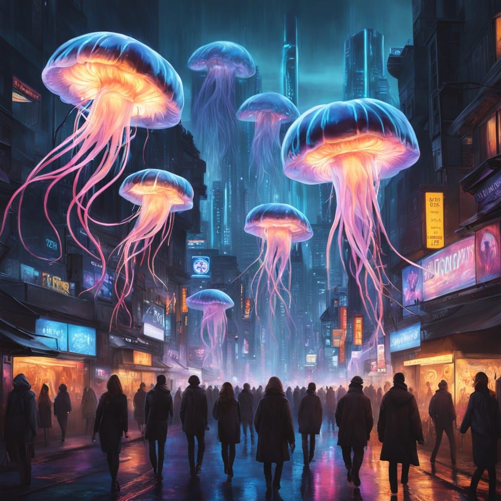 Bioluminescent Jellyfish in Neon Cyberpunk City