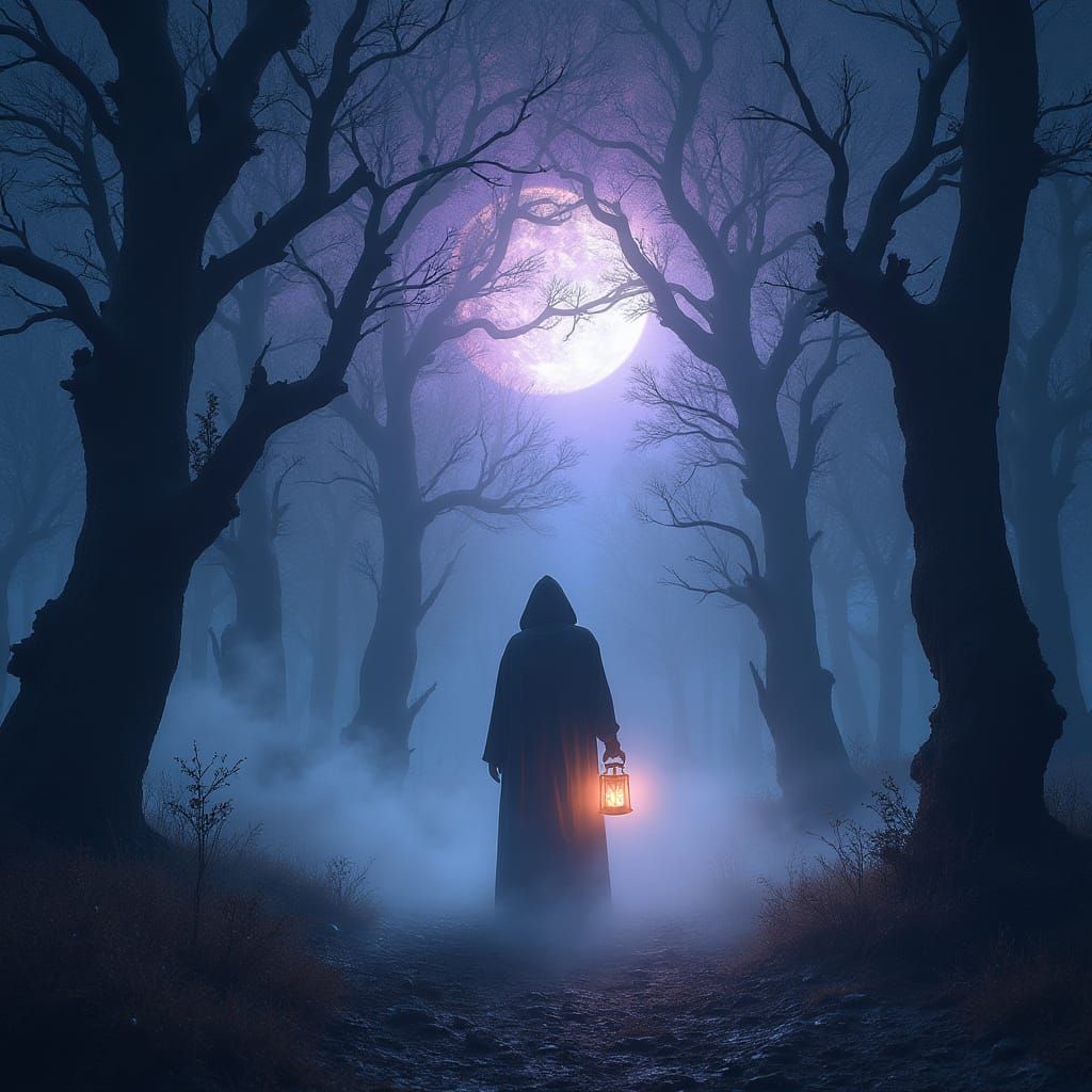 Mysterious Forest at Night, Bathed in Silver and Violet Moon...