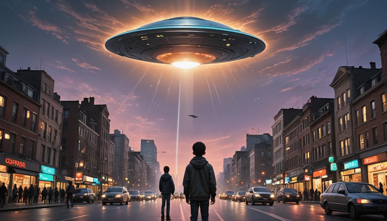 Boy Watches UFO Hovering Over City