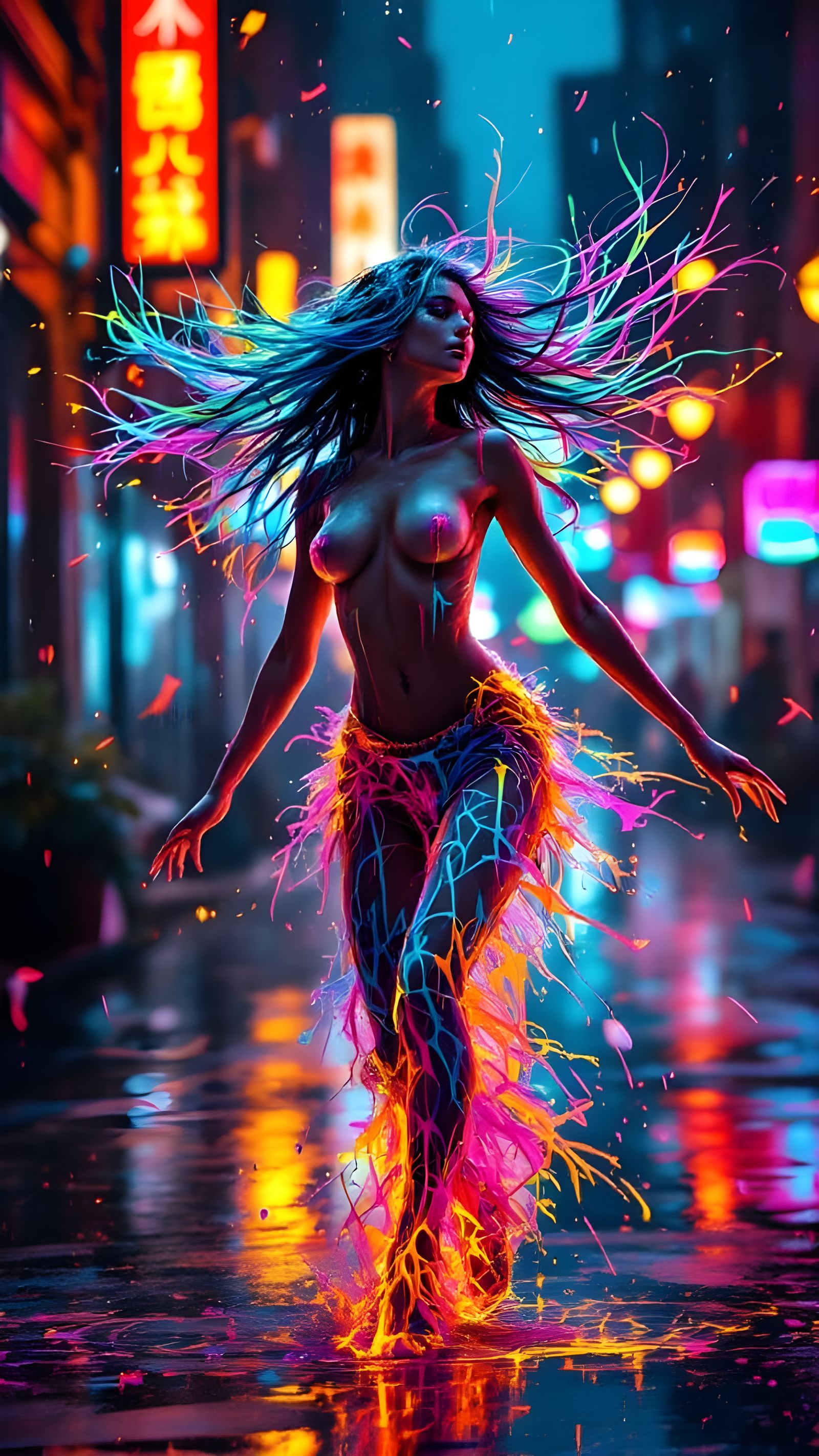 Dancer in Radiant Neon Graffiti Motion