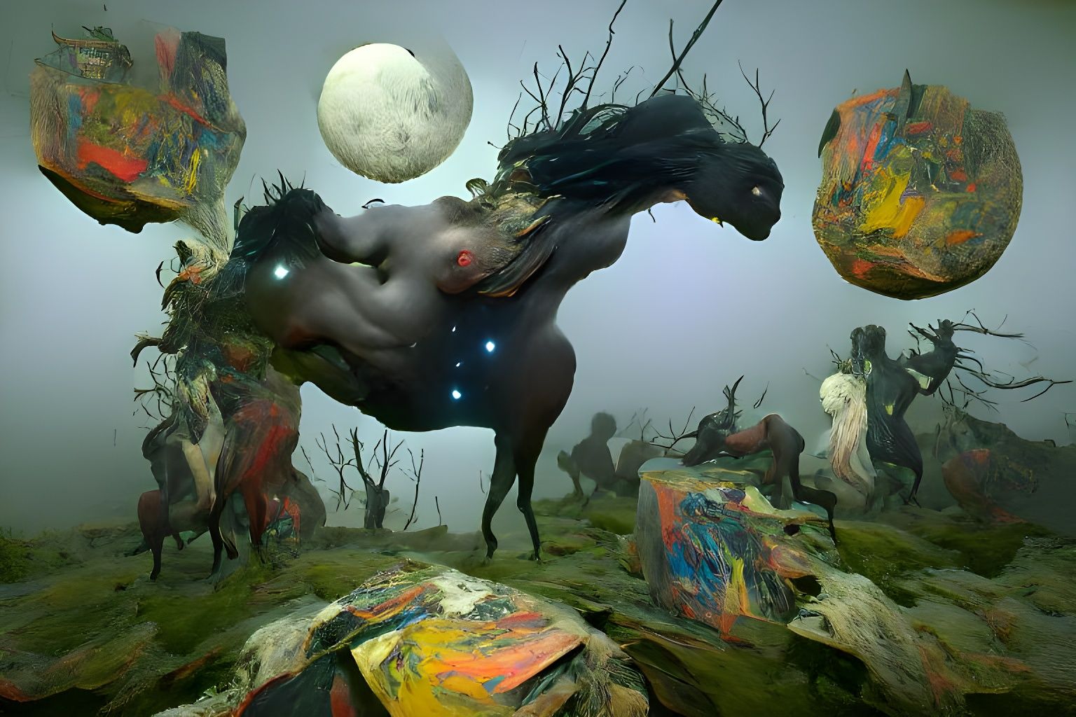 Demonic Horse Ritual Under Full Moon, Impasto Painting