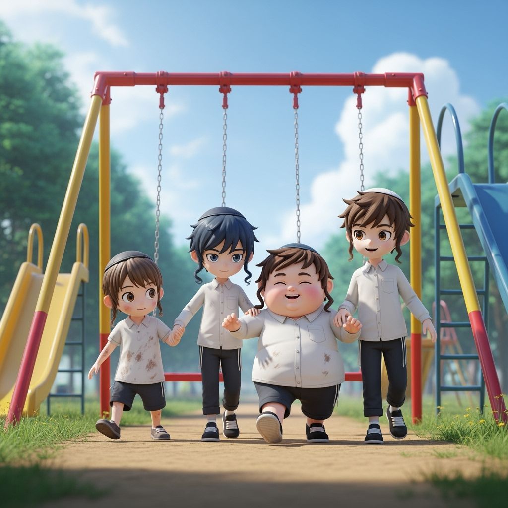 Anime-Style Jewish Children Play in Park, 3D Render