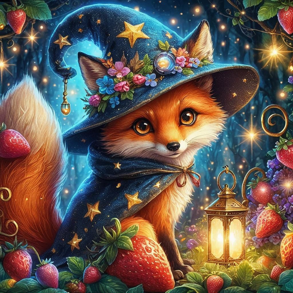 Whimsical Fox Wizard in Magical Strawberry Forest