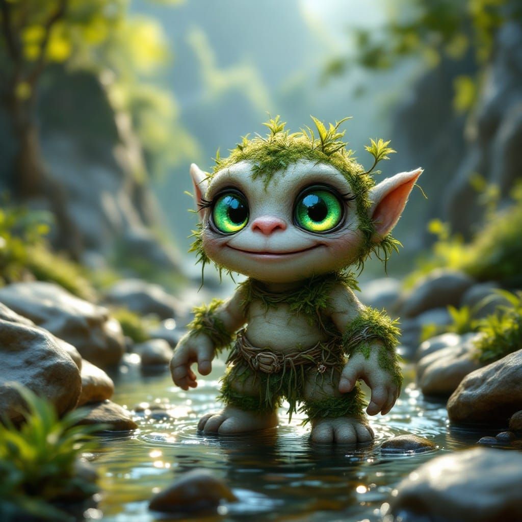 Chibi Rock-Troll Basks in Mountain Stream