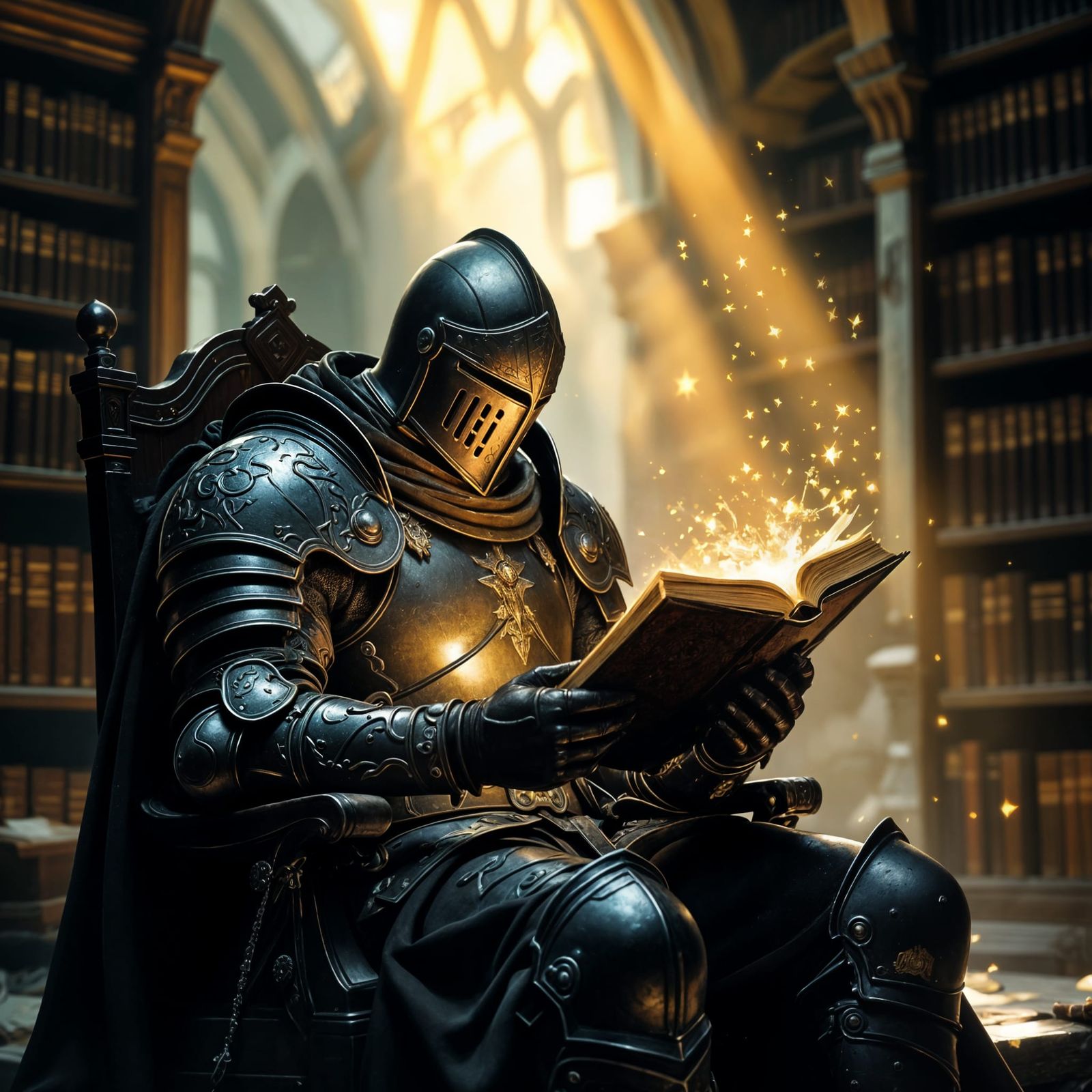 Knight Reading Ancient Tome in Dark Library