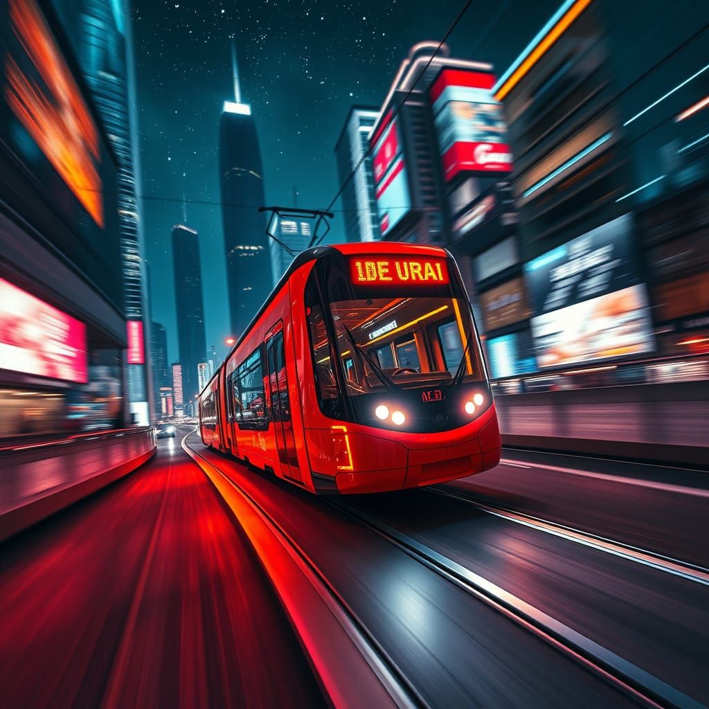 Sleek Futuristic Tramway Zooms Through Neon-Lit Liège Citysc...