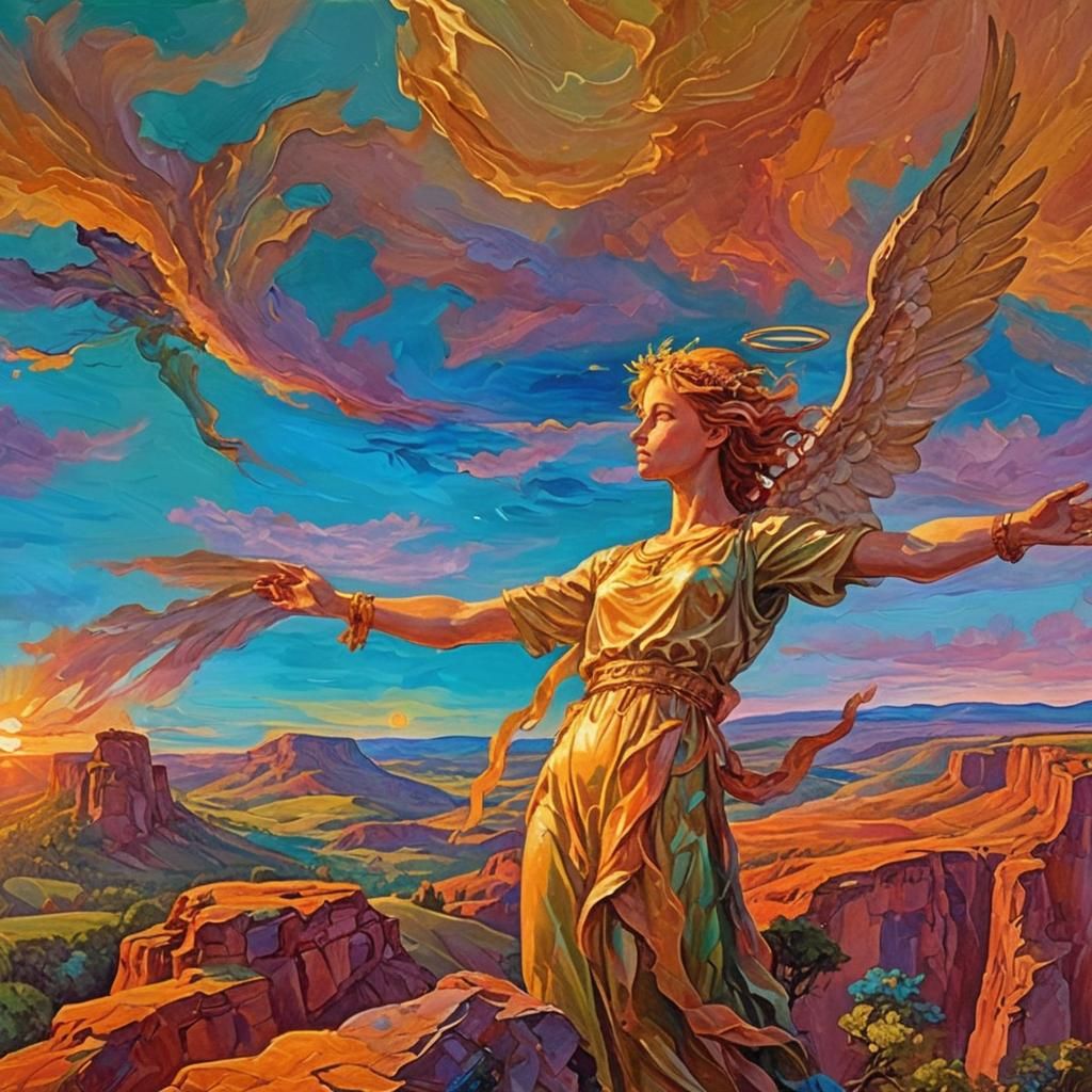 Angel Overlooking Lush Valley in Surreal Oil Painting