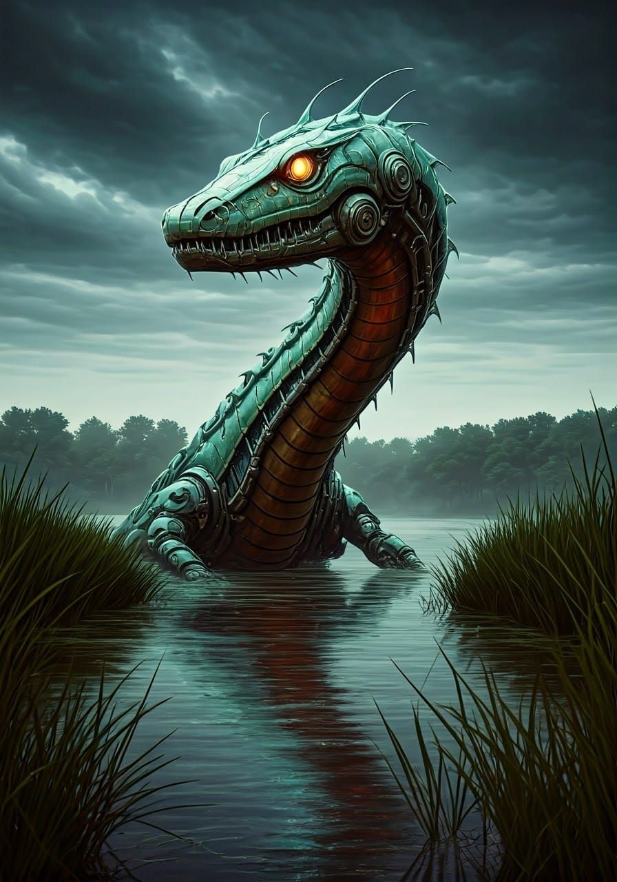 Biomechanical Reptile in Swampy River: Biopunk Art