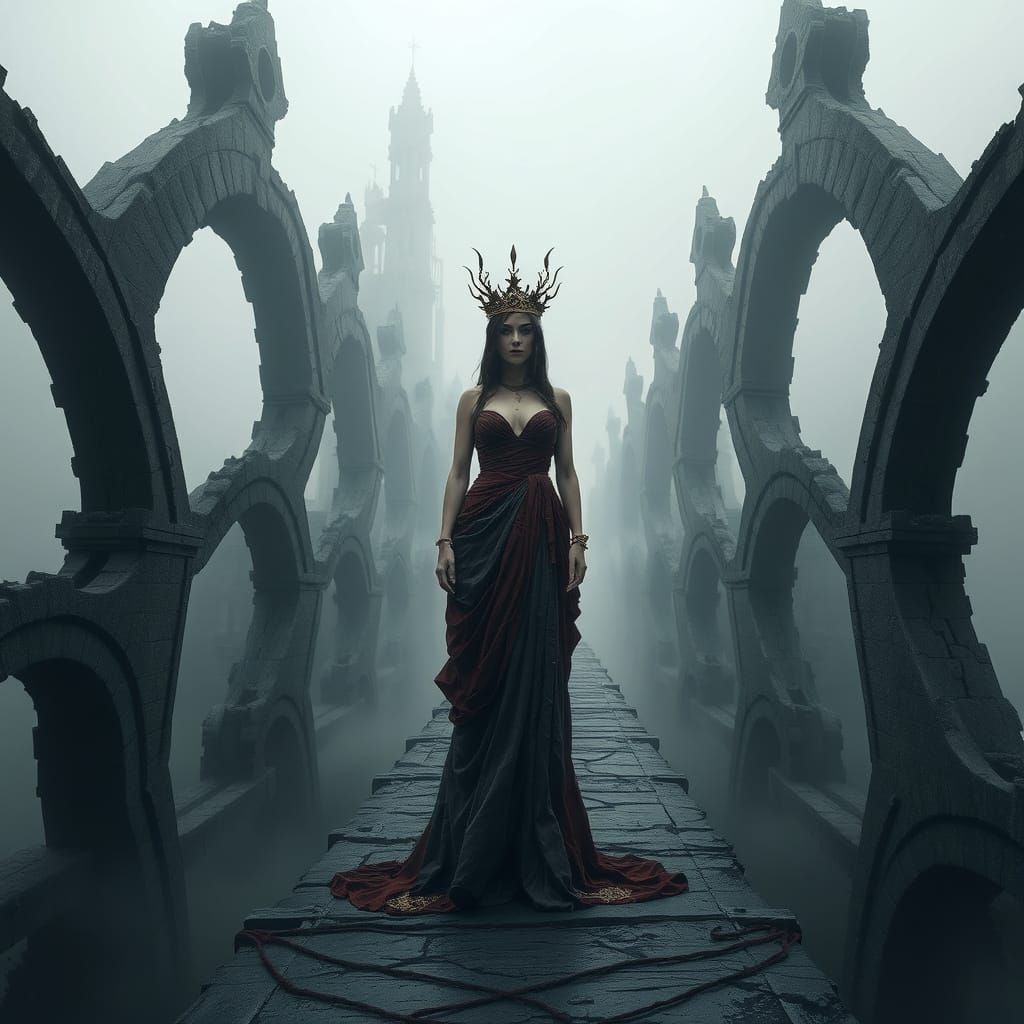 Ethereal Goddess Amidst Gothic Bridge in Eerie, Industrial L...
