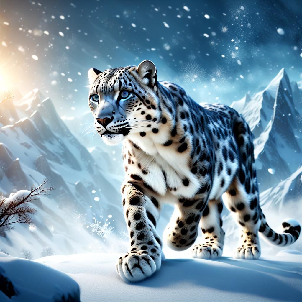 Epic Snow Leopard Commands the Blizzard in Vibrant Digital A...
