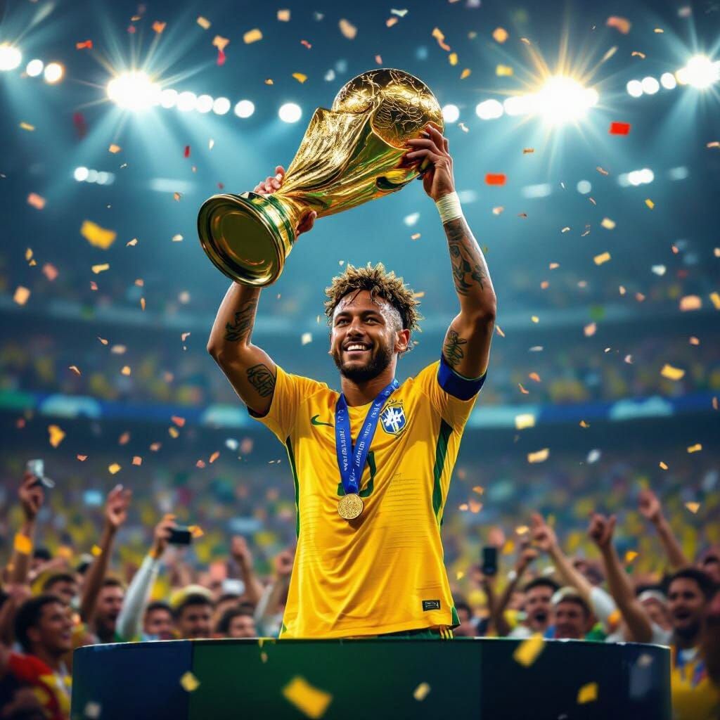 Neymar Jr Lifts World Cup in Hyperrealistic Digital Painting