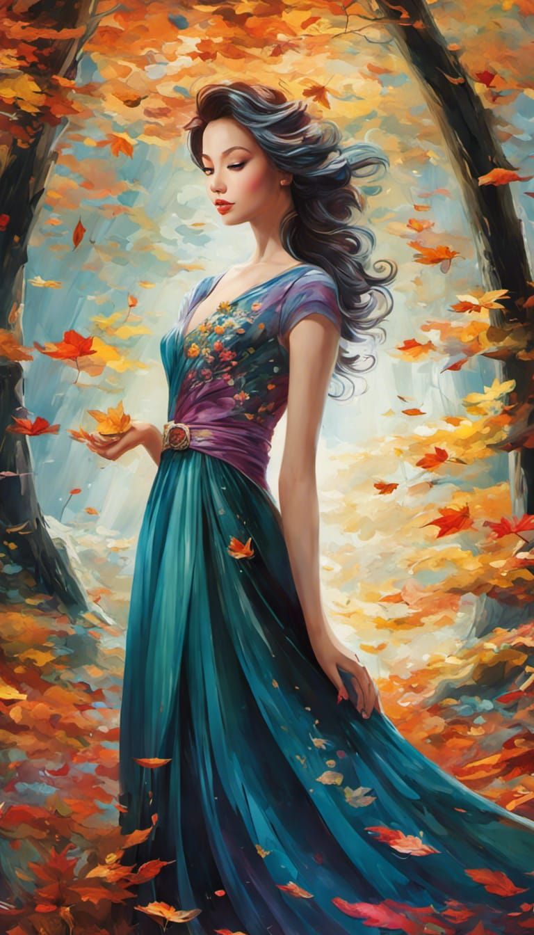 Autumn Foliage Dress with Winter Snow, Ink Art