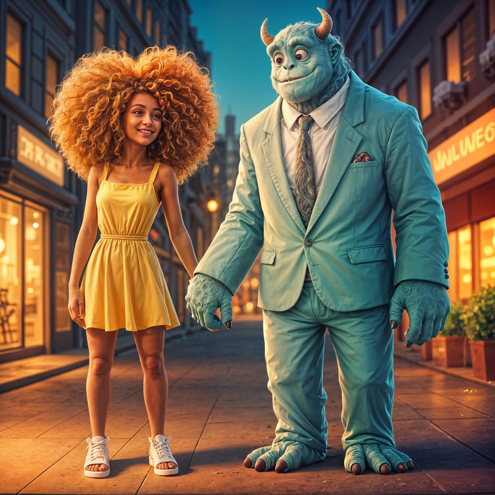 Woman and Monster Holding Hands in Modern Attire