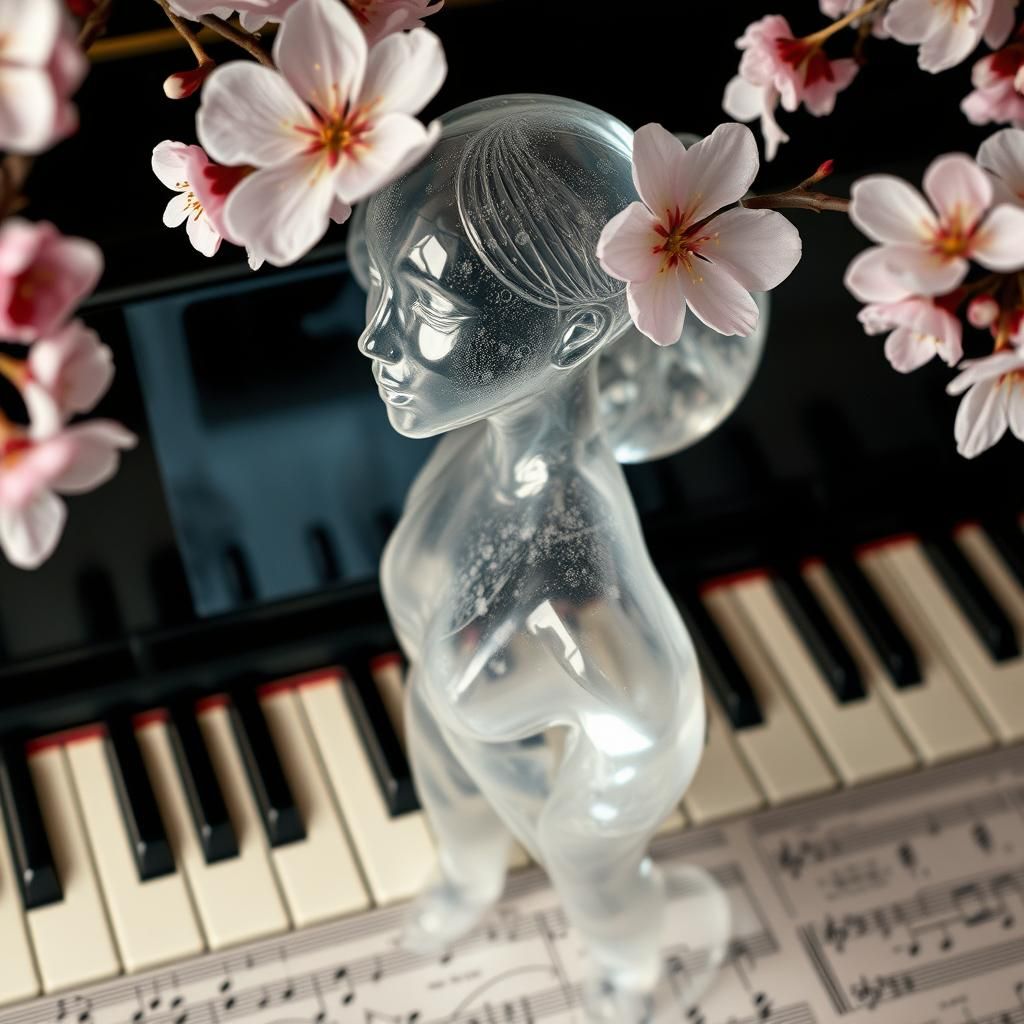 Crystalline Figure with Piano Music and Sakura