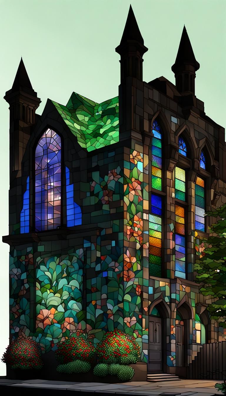 Night Tower House with Stained Glass in Vaporwave Style