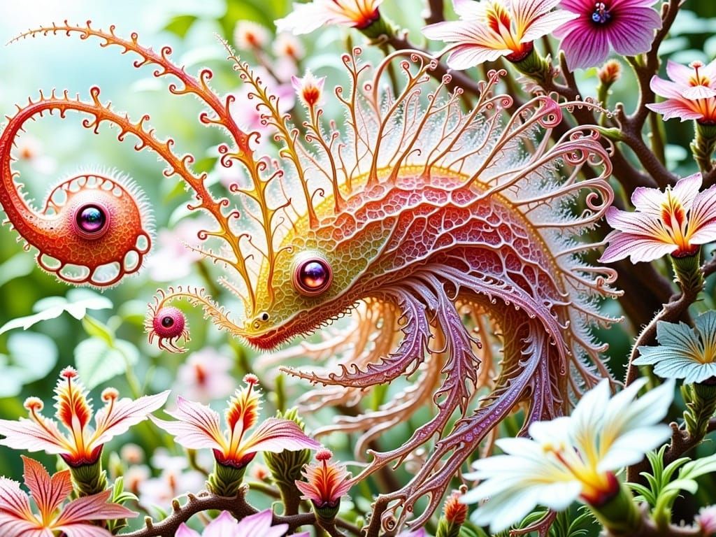 Celestial Iridescent Creature Amidst Botanical Paradise