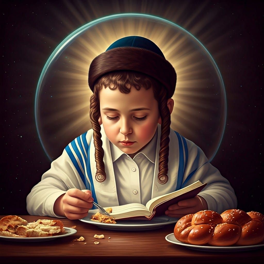 Hasidic Boy in Sepia-Toned Temple Setting