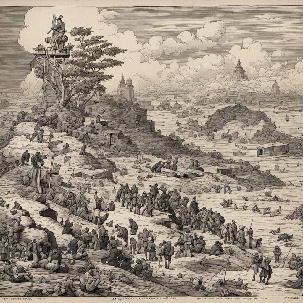 Figures Mapping a Ruined World in Engraving Style