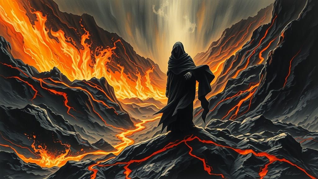 Hades Stands Tall Amidst Lava and Flames in Charcoal Drawing