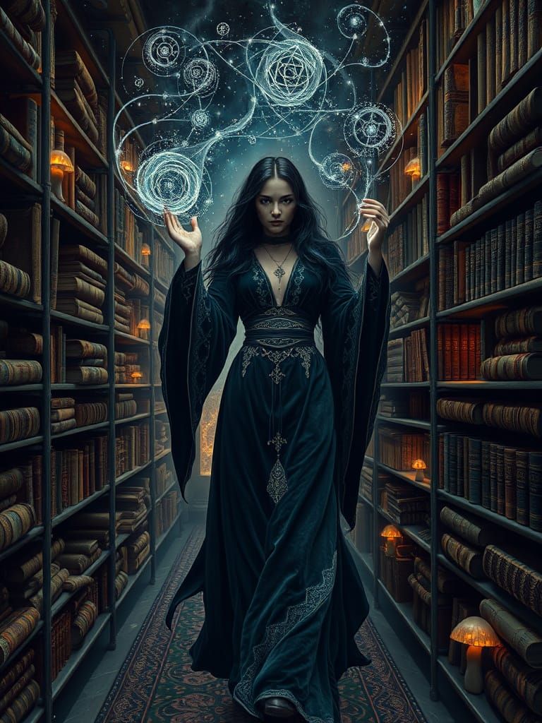 Mystical Sorceress in a Dreamlike Labyrinth of Ancient Tomes