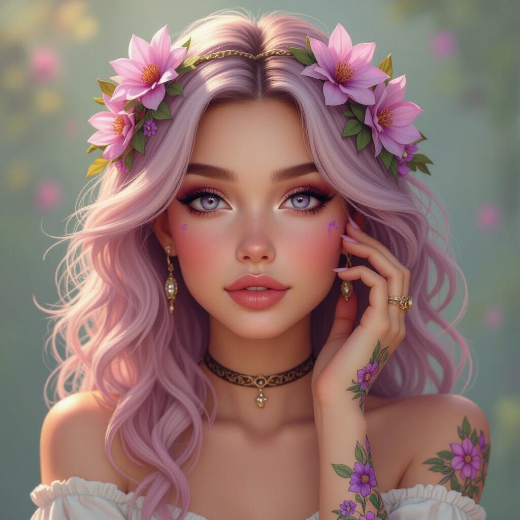 Fantasy Woman with Purple Flowers, Detailed Matte Painting