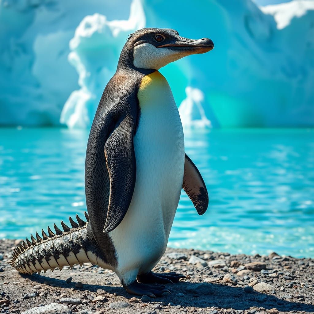 Hybrid Emperor Penguin with Crocodile Head and Tail in Arcti...