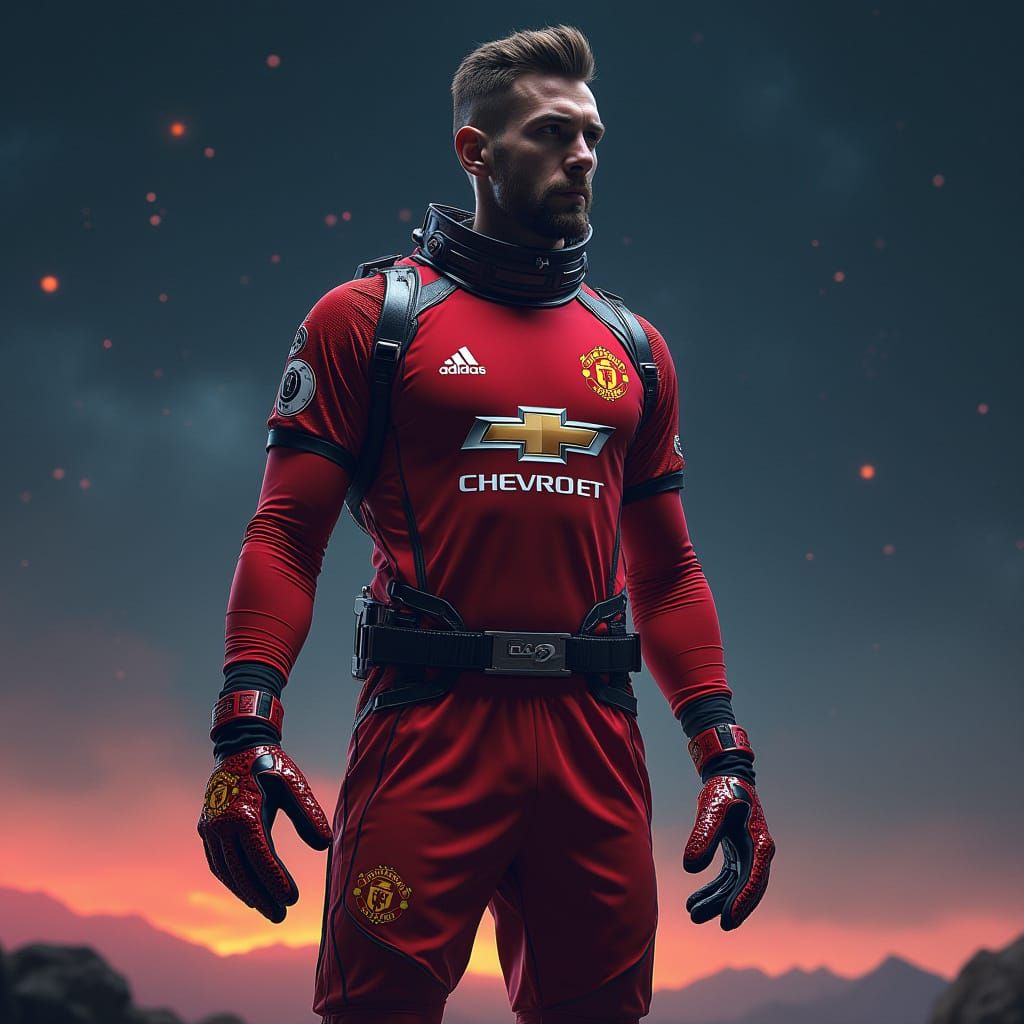 Futuristic Manchester United Goalkeeper in Starry Space Land...