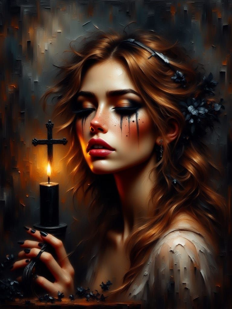 Woman in Profound Mourning by Candlelight, Grunge Oil Painti...