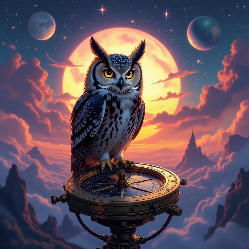 Clockwork Owl on Astrolabe in Steampunk Style