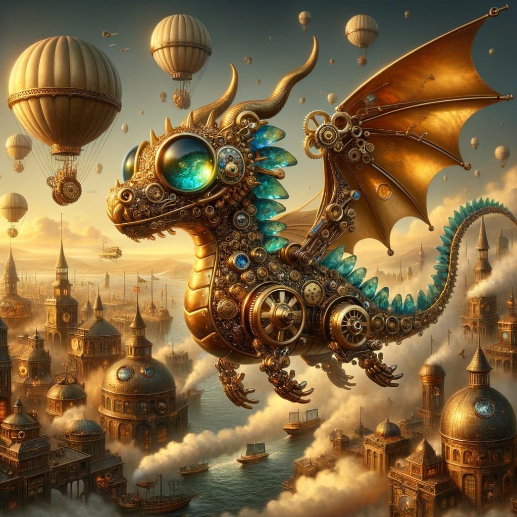 Steampunk Dragon in Brass and Copper with Sea Glass Accents