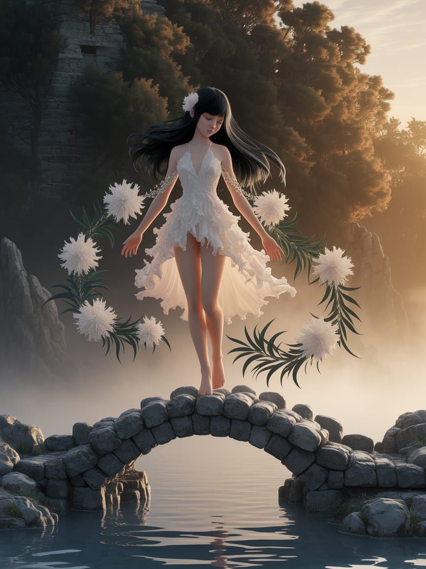 Nymph-Girl on Hot Spring Bridge as Digital Painting