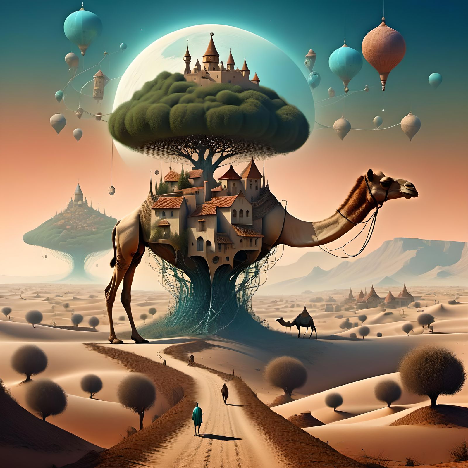Surreal Solarpunk Camel Path to Galactic Villages