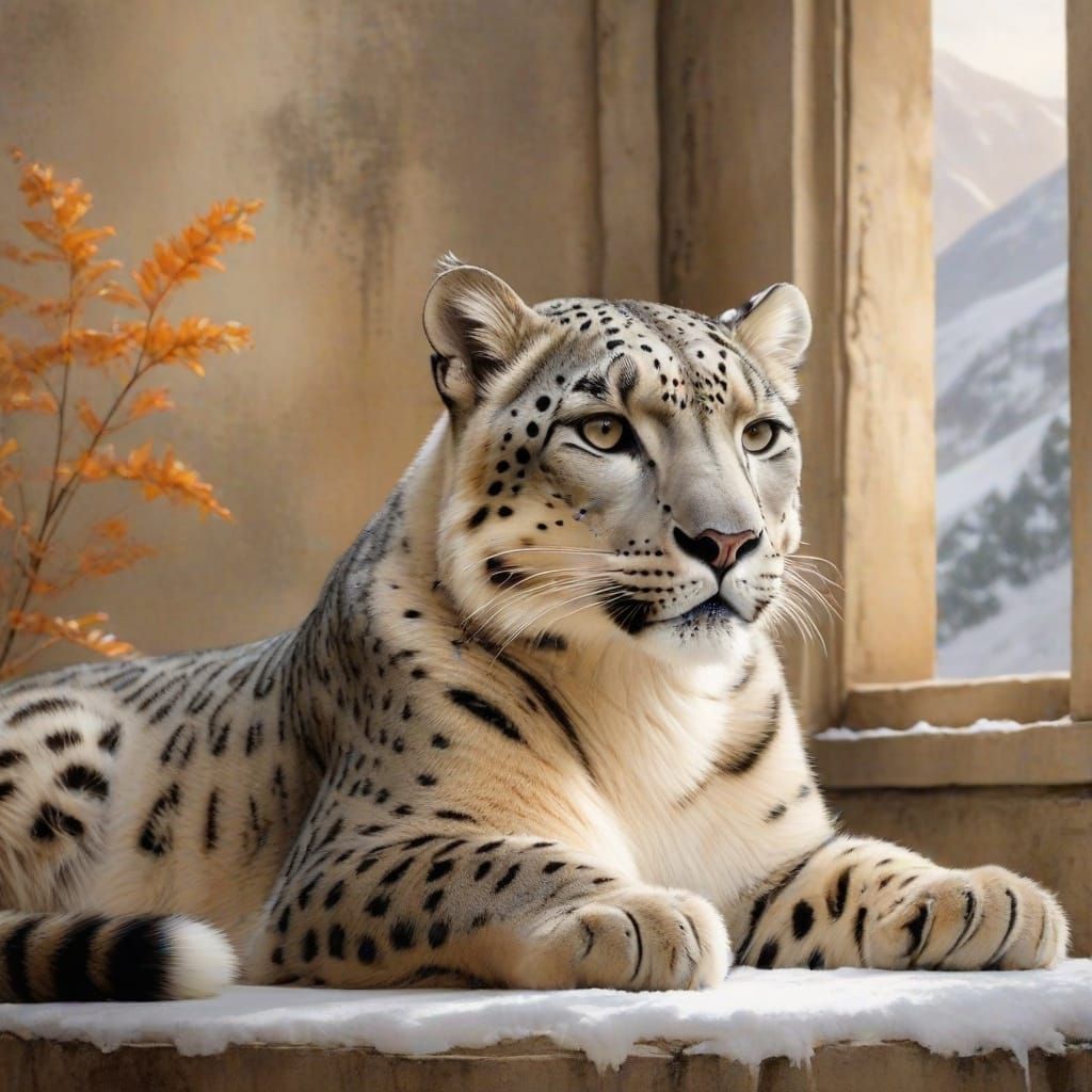 Serene Snow Leopard in Watercolor