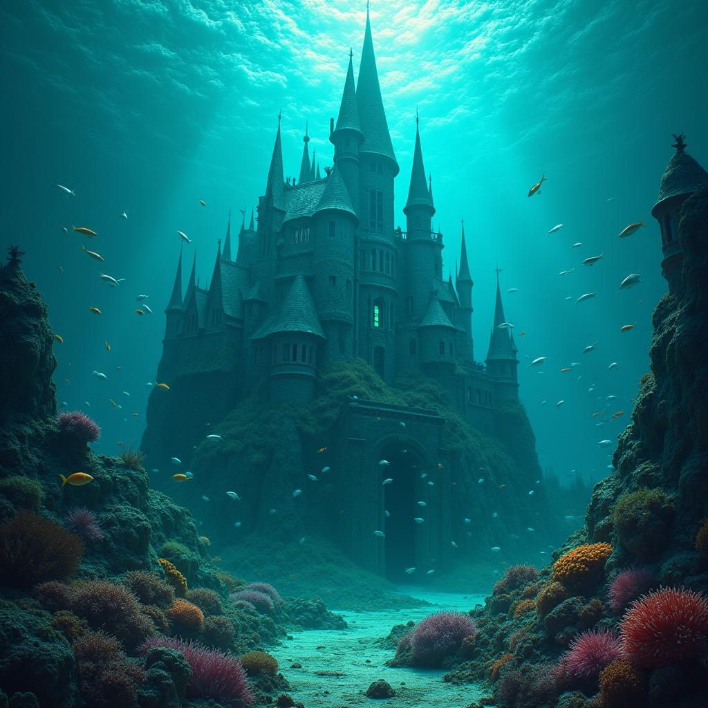 Underwater Castle with Bioluminescent Fish: Surreal Realm