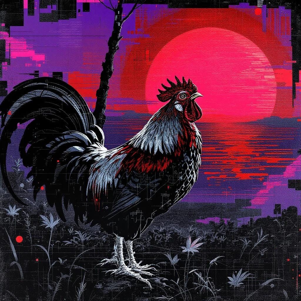 Rooster Crowing at Violet Sunrise in Etched Luminance Style