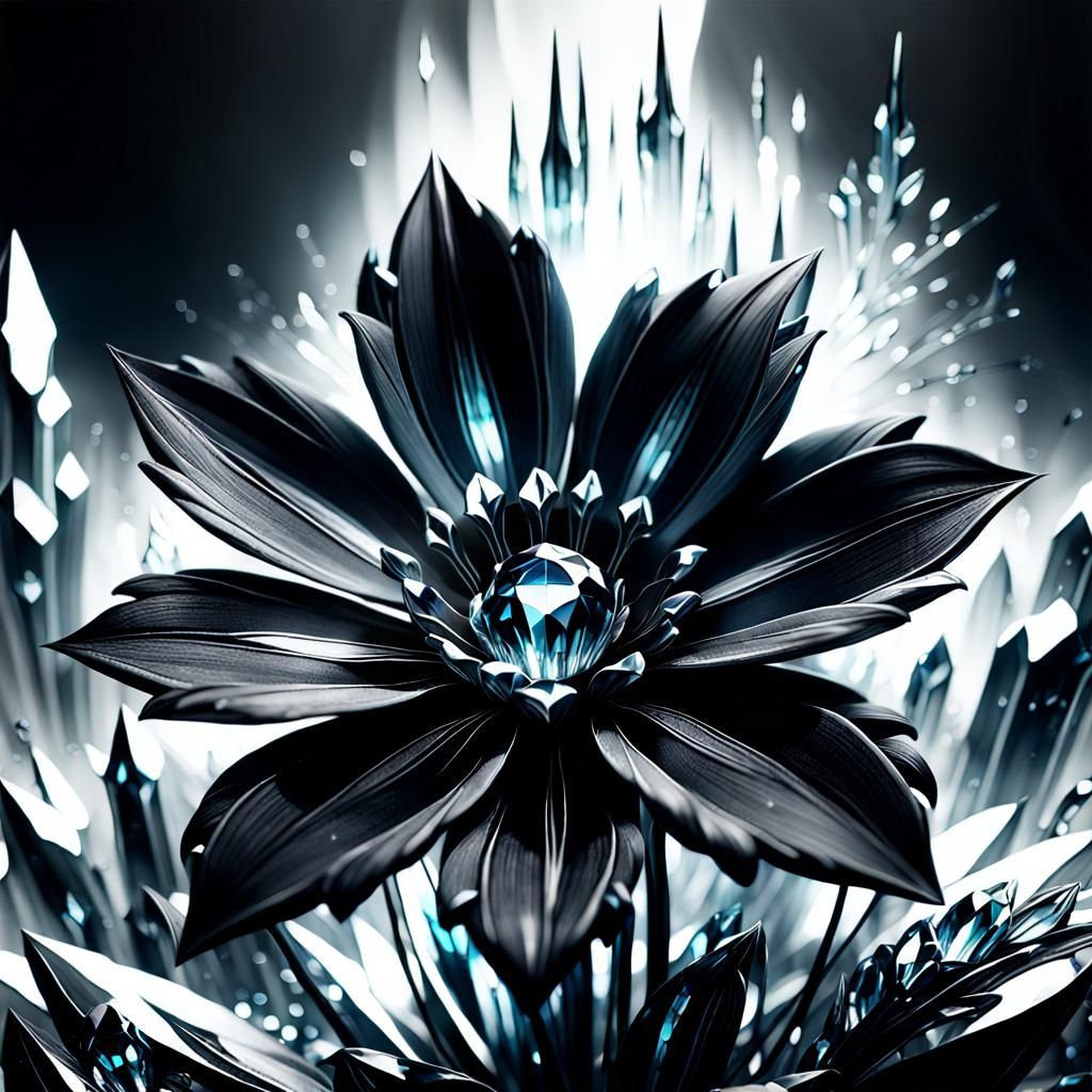 Detailed Black and White Crystal Flower Art