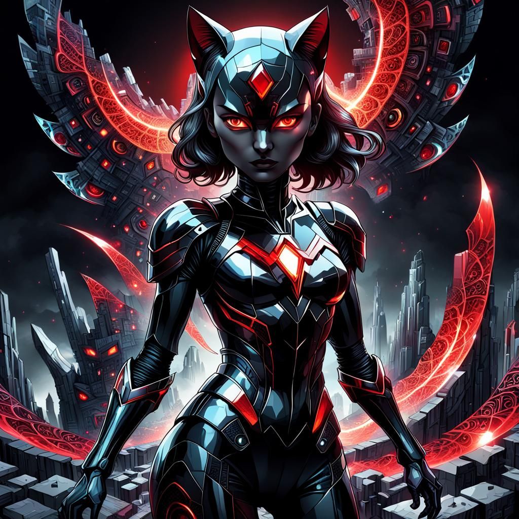 Android Cat Woman in Ruins: Abstract 3D Art