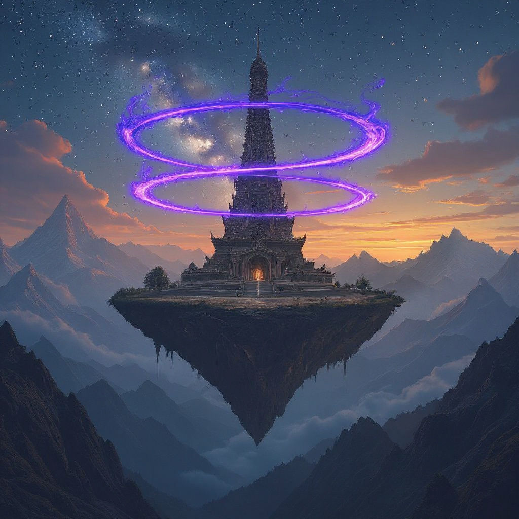 Floating Island Temple Above Mountains Under Starry Night Sk...