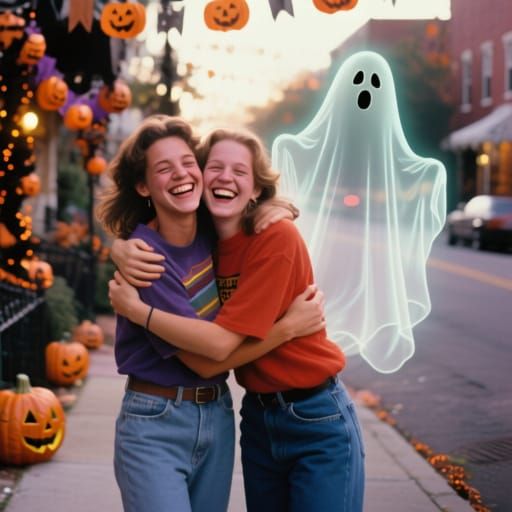Vintage 90s Friends Embrace on Halloween Street