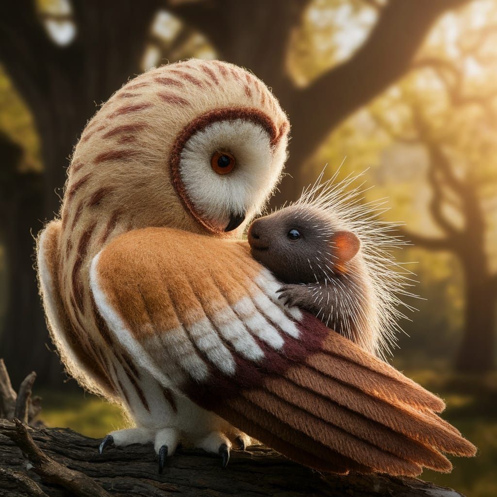 Needle Felted Owl Protecting a Baby Porcupine