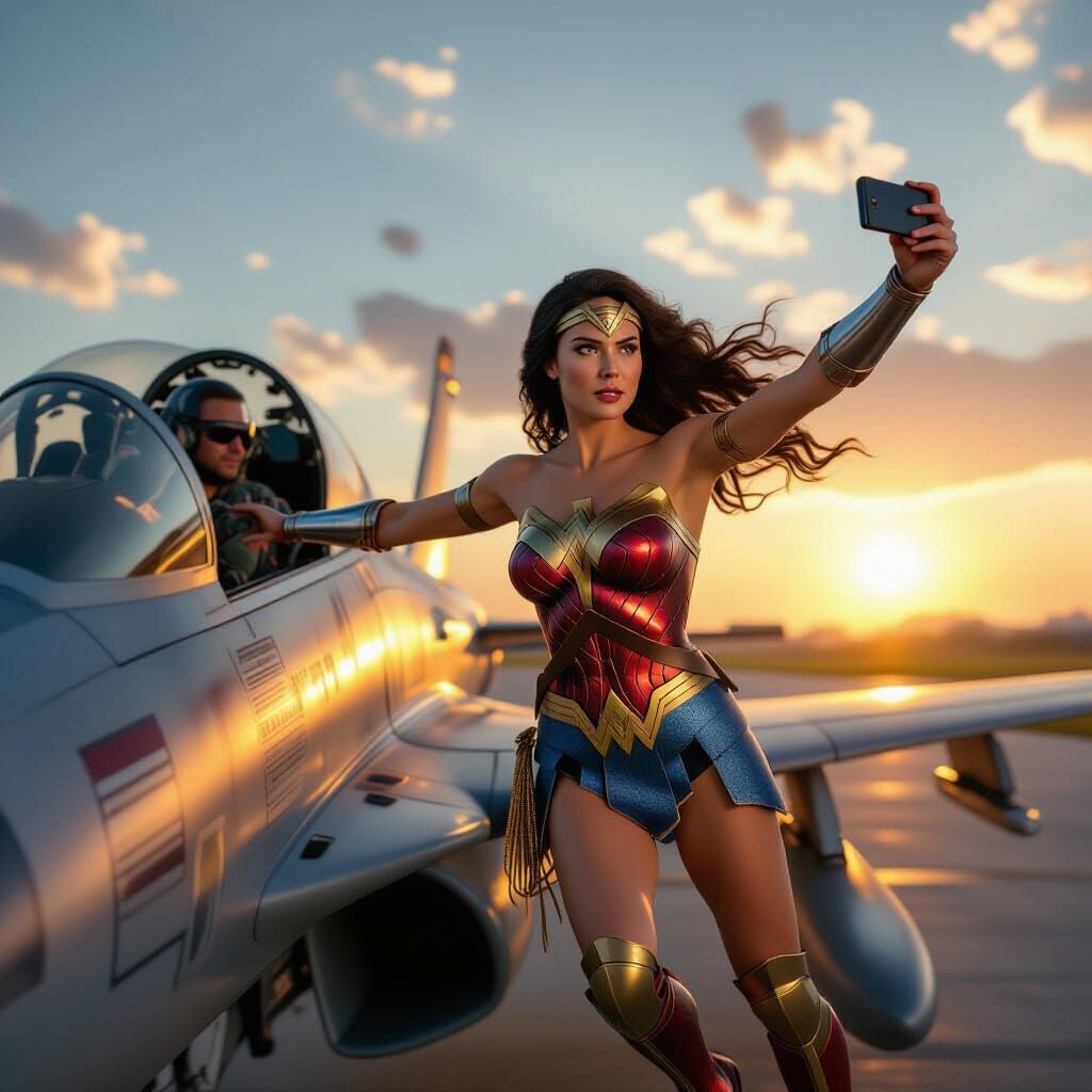 Wonder Woman Takes Fighter Jet Selfie at Golden Hour